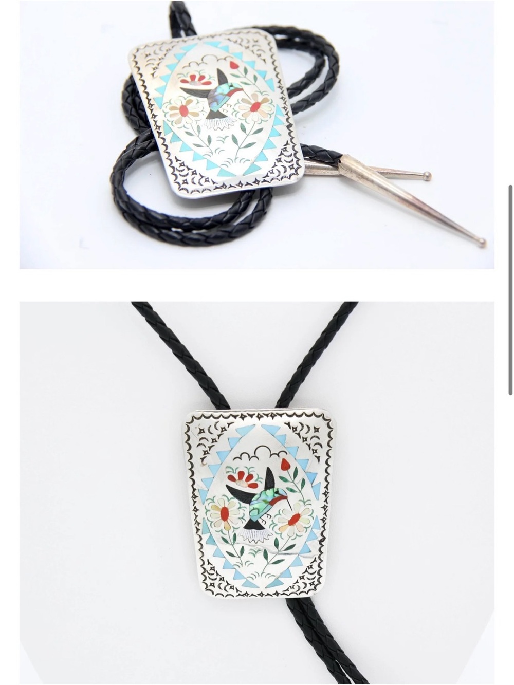 Hand-Painted Floral Hummingbird Bolo Tie Necklace - Black Cord